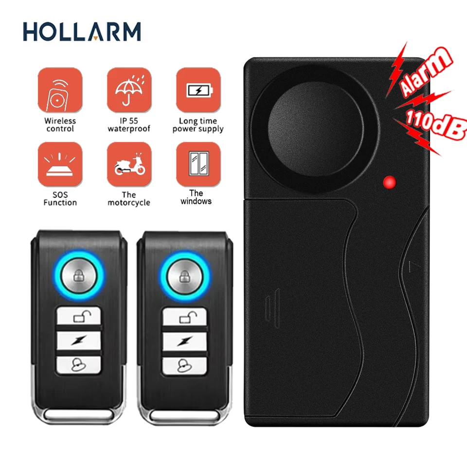 Hollarm Wireless Vibration Alarm Alarm proti krádeži dverí a okna s diaľkovým motocyklom bezpečnostných senzorov pre bicykle Domáce bezpečnosť