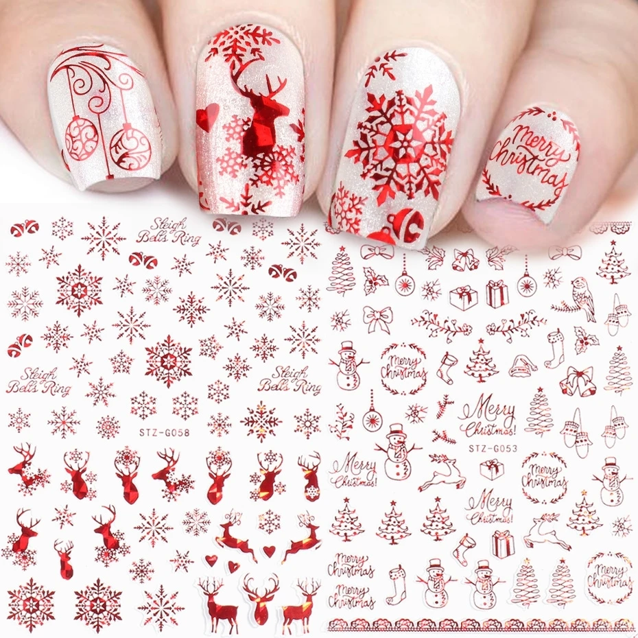 Holografické červené vianočné nálepky na nechty lesk lesk Snowflake los santa claus prenos posúvací posúvač zima 3D nálepka sastzg050-058