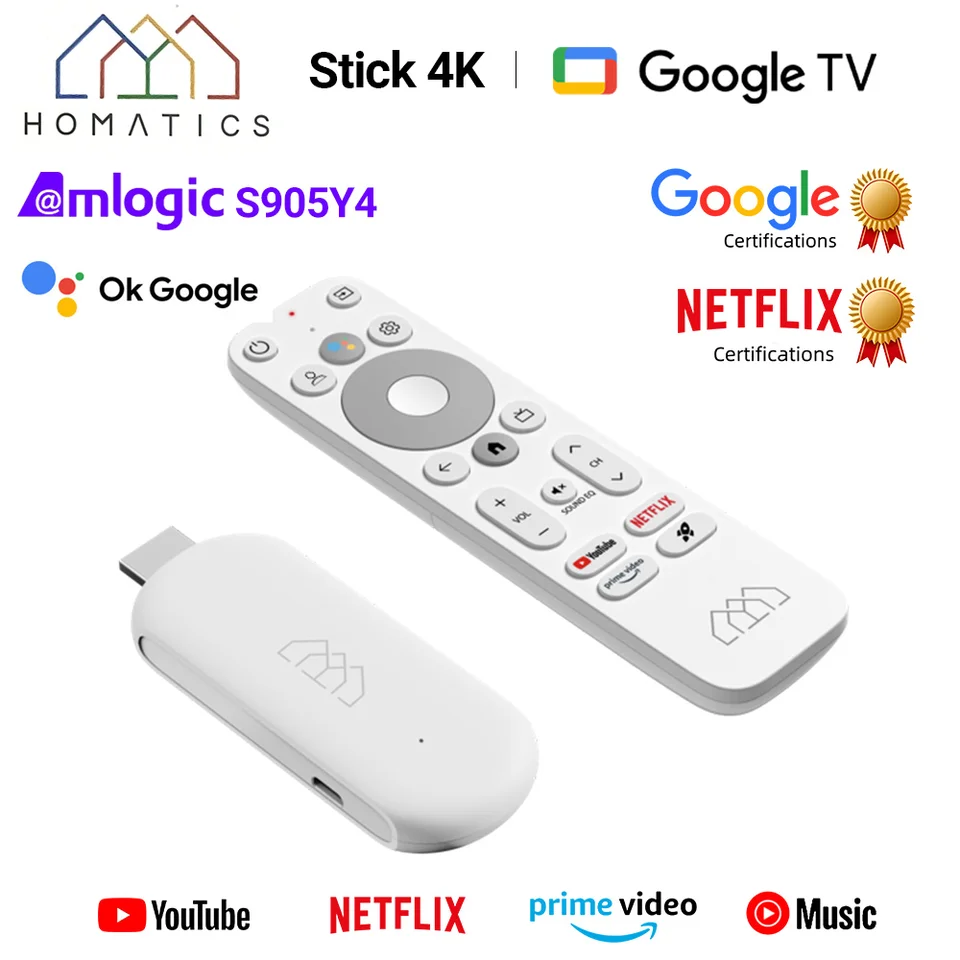 Homatika 4K TV Stick Netflix Google Certified 2GB LPDDR4 32G ROM Amlogic S905Y4 Podpora Dolby Atmos H.265 2T2R WiFi Google Box