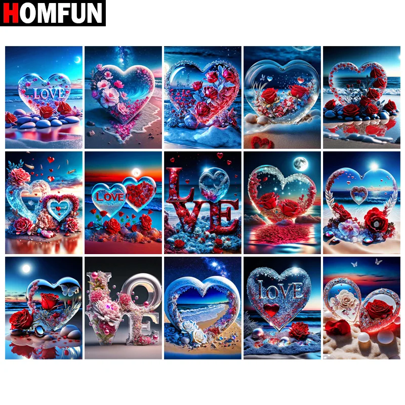 Homfun 5D Diamond vyšívacia vyšívanie Kit Scenéria pláž Moon Rose DIY Diamond Painting Cross Stitch Domov Dekorácie Darček