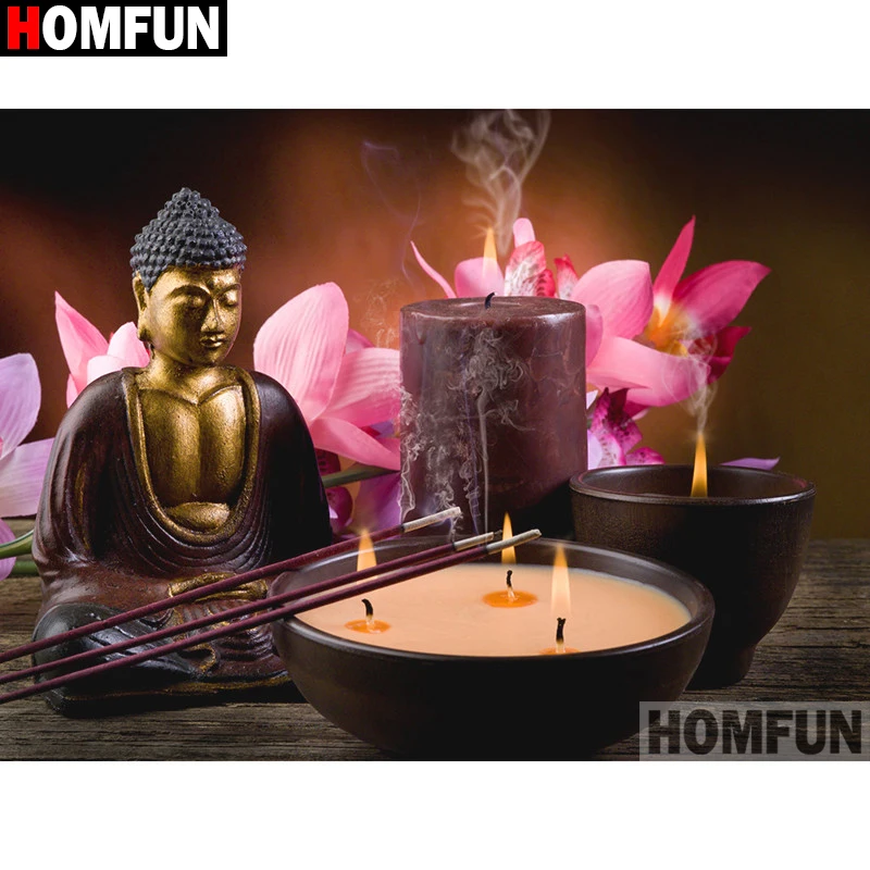 Homfun 5D DIY Diamond výšivka úplný displej Buddha sviečka Diamond Painting Square/Round Share Decor Art A00297
