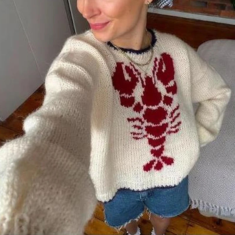 Homár Patterm pletené pullovy jesenné zimné zimné rukávy pletiek 90. ​​roky vintage grunge preppy štýl y2k sveter dámske oblečenie