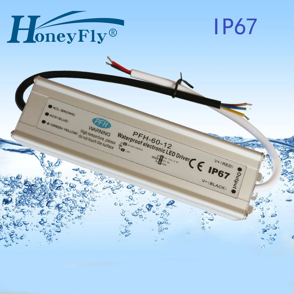 Honeyfly patentovaný IP67 nepremokavý vodič LED ovládača 60W LED napájacie napájanie Konštantné napätie 12v24v36v48V osvetľovacia transformátor 80-265V