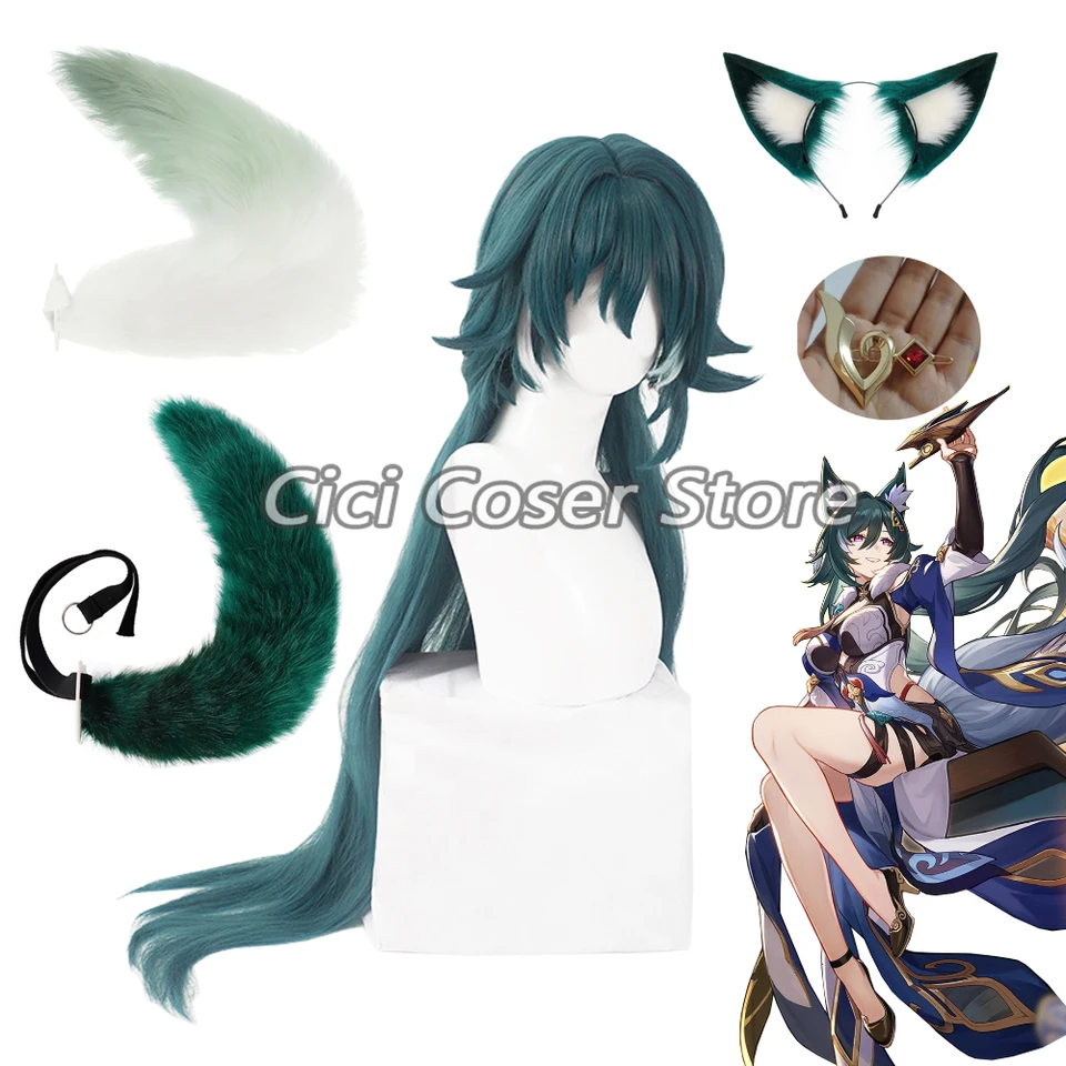 Honkai: Hviezdna železnica Yukong Cosplay Wig Tail Ears Yu Kong Headar Syntetické tmavo zelené vlasy Halloween Party Roly Play Play