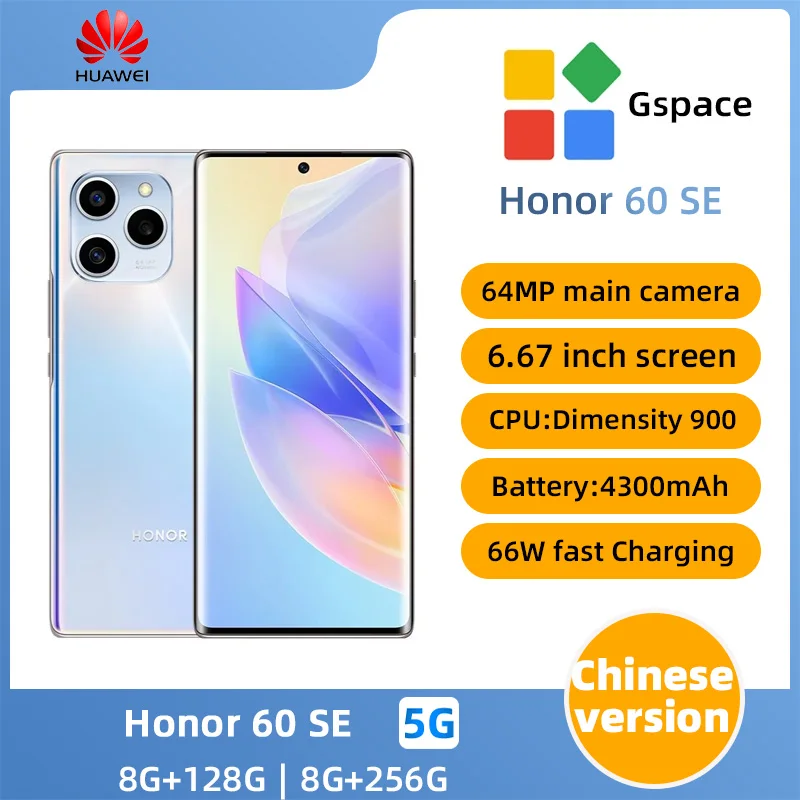 Honor 60 SE 5G 6,67 '' CPU DiMensity 900 Smartphone 120Hz OLED SCREE 4300 mAh batéria 66W Nabíjanie 64MP fotoaparát Originál Použitý telefón