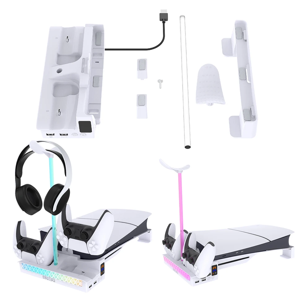 Horizontálny stojan s držiteľom náhlavnej súpravy na nabíjačku pre ovládače pre PS5 Slim Console pre PlayStation 5 Slim Disc & Digital Editions