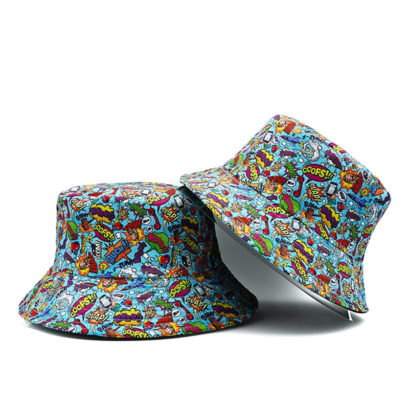 Horná karikatúra graffiti vedierka klobúk tlače Letter Letter rybár rybár Modré dvojité strany reverzibilná čiapka Panama Cap Unisex Outdoor Sun