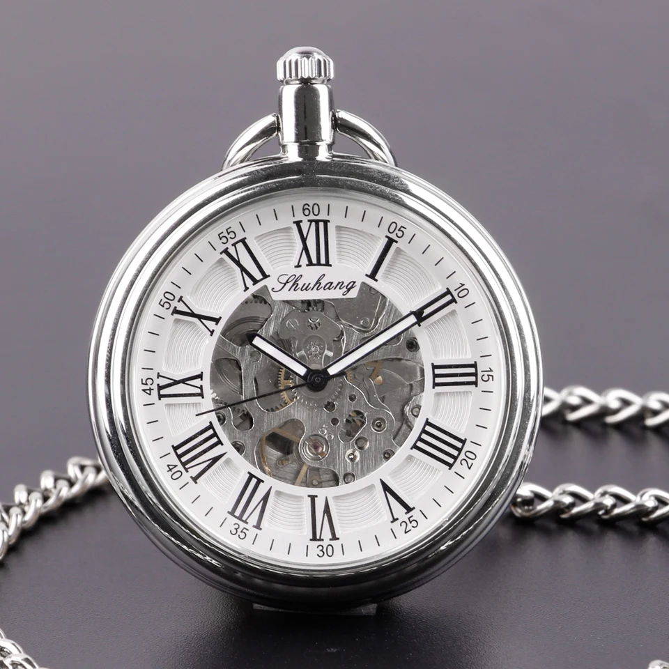 Horná značka Luxusné strieborné vreckové hodinky Mechanické pre mužov módne gentleman vreckové hodinky Hand Watch Casual Reťaz fob hodinky