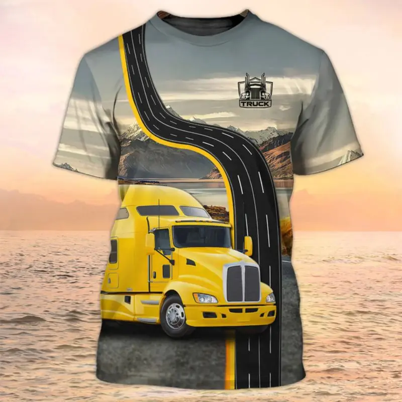 Horná časť dizajnu linky New Truck Driver košeľa Pánske tričko 3D TRACK TLAČ Uniforma TOP HARJUKU Summer O-NECK NAHORKÝ PULVOVER