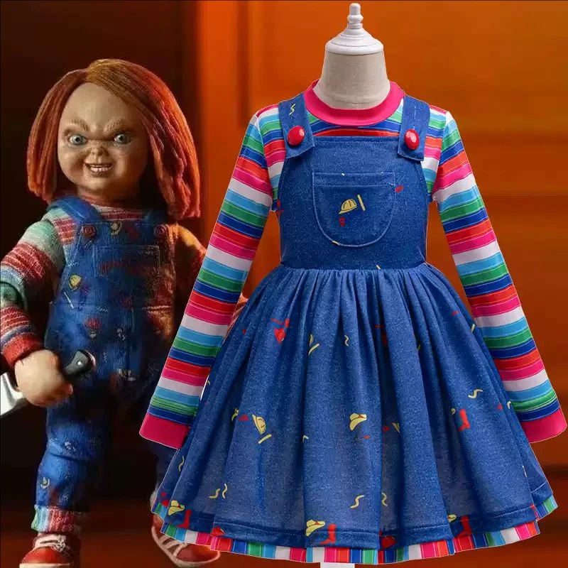Horor film Chucky Doll Cosplay kostým pre deti pruhované top+šaty podväzky pre malé dievčatko Halloween Carnival sa obliekajú