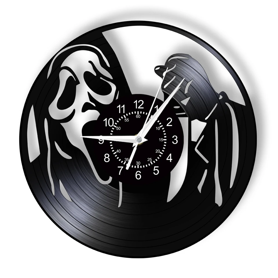 Horror Ghost s nožom laserom strih vinyl nahrávacie hodiny hudobné album domáci dekor halloween lebka tvár tiché kremeňové steny hodinky