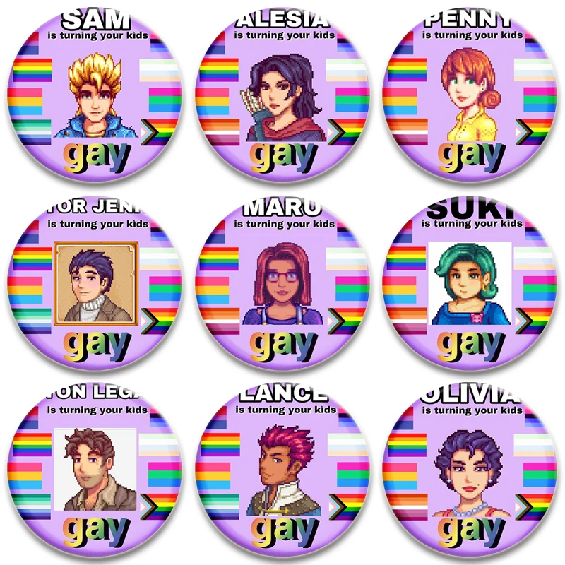 Horúca hra Stardew Valley odznak gombíka Lesbian Gay Rainbow Pride Flag Sebastian Shane Sam Broš