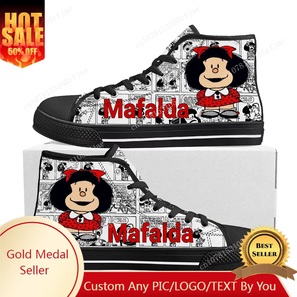 Horúca karikatúra rola Mafalda High Top tenisky pánske dámske teenager móda vysoko kvalitné tenisky plátna na mieru postavené topánky