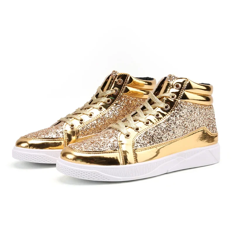 Horúca móda zlatá lesklá zrkadlá pánske topánky Príležitostné klub Bar trblietky Streetwear Hip Hop Hop High Top Men tenisky Zapatos de Hombre