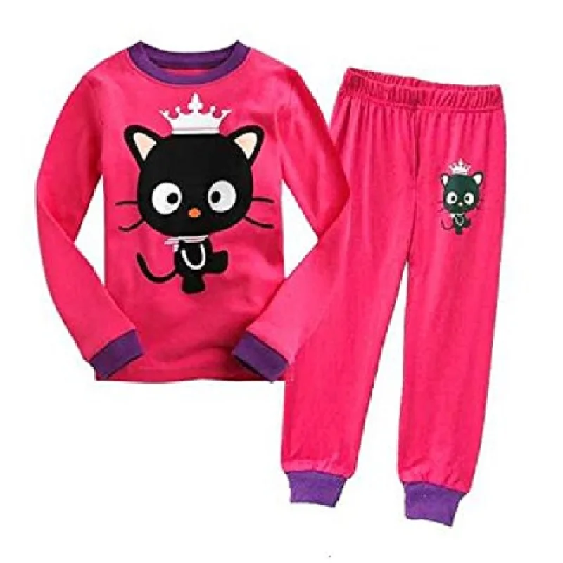 Horúca ružová mačka Dievčatá Pyžamy 100% bavlna Jeseň dlhé rukávy 2 3 4 5 6 7 rokov deti PJ's Boys Pijama Girl Home oblečenie