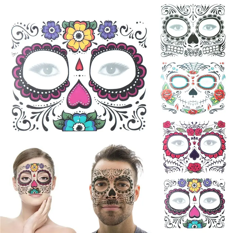 Horúca vodotesná lebka tvár Halloween obliekajú dočasné tetovacie nálepky na make -up Deň mŕtvych