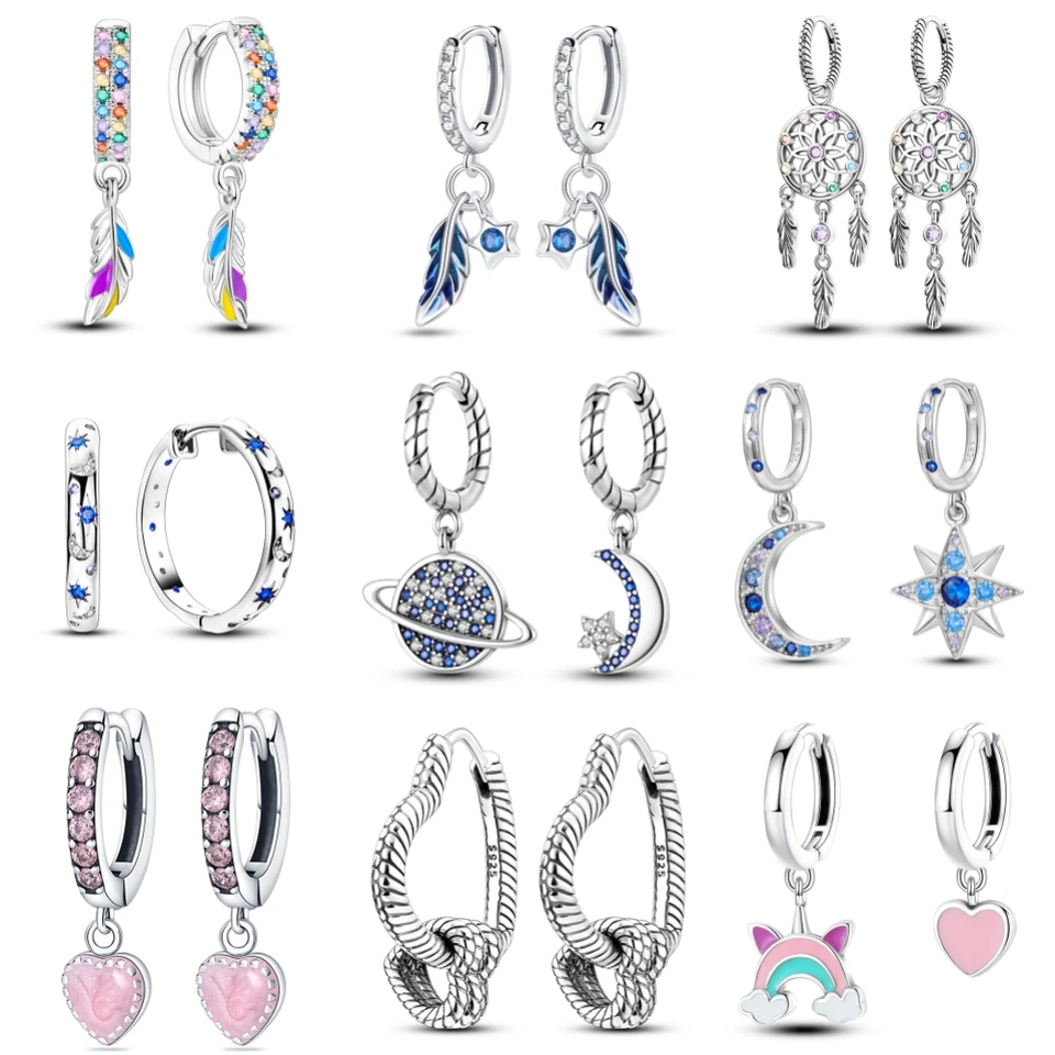 Horúce 60 štýl 925 Sterling strieborné farebné perie kvapky náušnice pre ženy hviezda Moon Double Hoop náušnice svadobné šperky darčeky