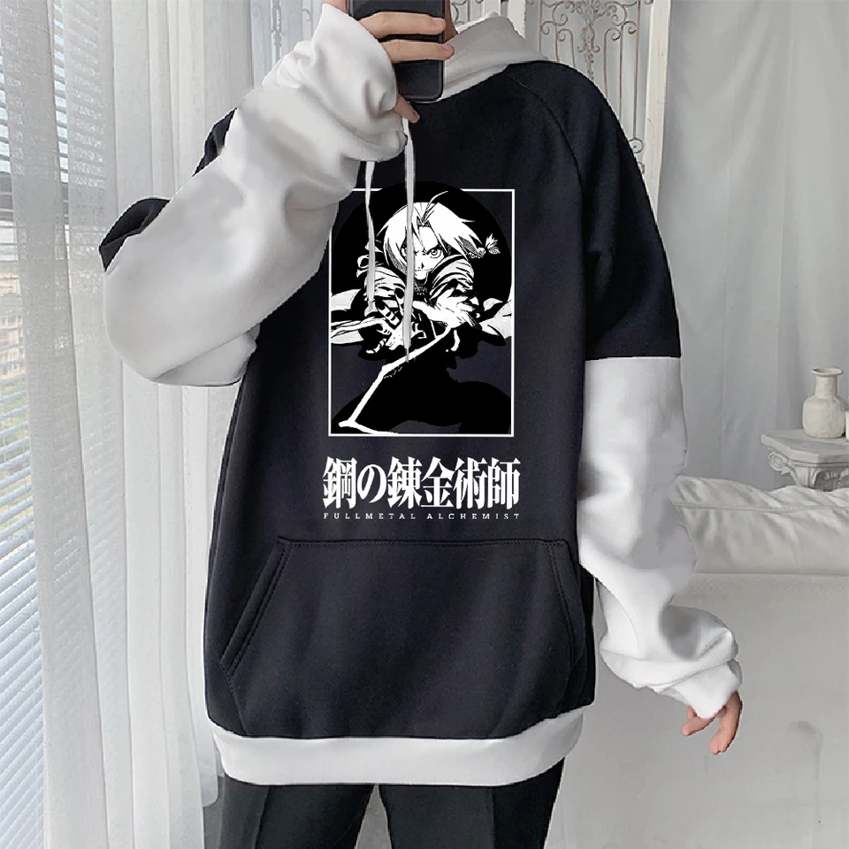 Horúce anime fullmetal alchymista Edward Elric Print Hooded Men Ženy Patchwork mikiny plus size Streetwear harajuku mikina harajuku