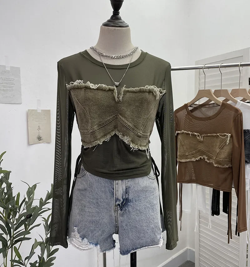 Horúce dievča American Retro Denim Mesh Patchwork Top Sexy See cez šnúrku s dlhým rukávom Krátke tričko Party Party Casual Streetwear
