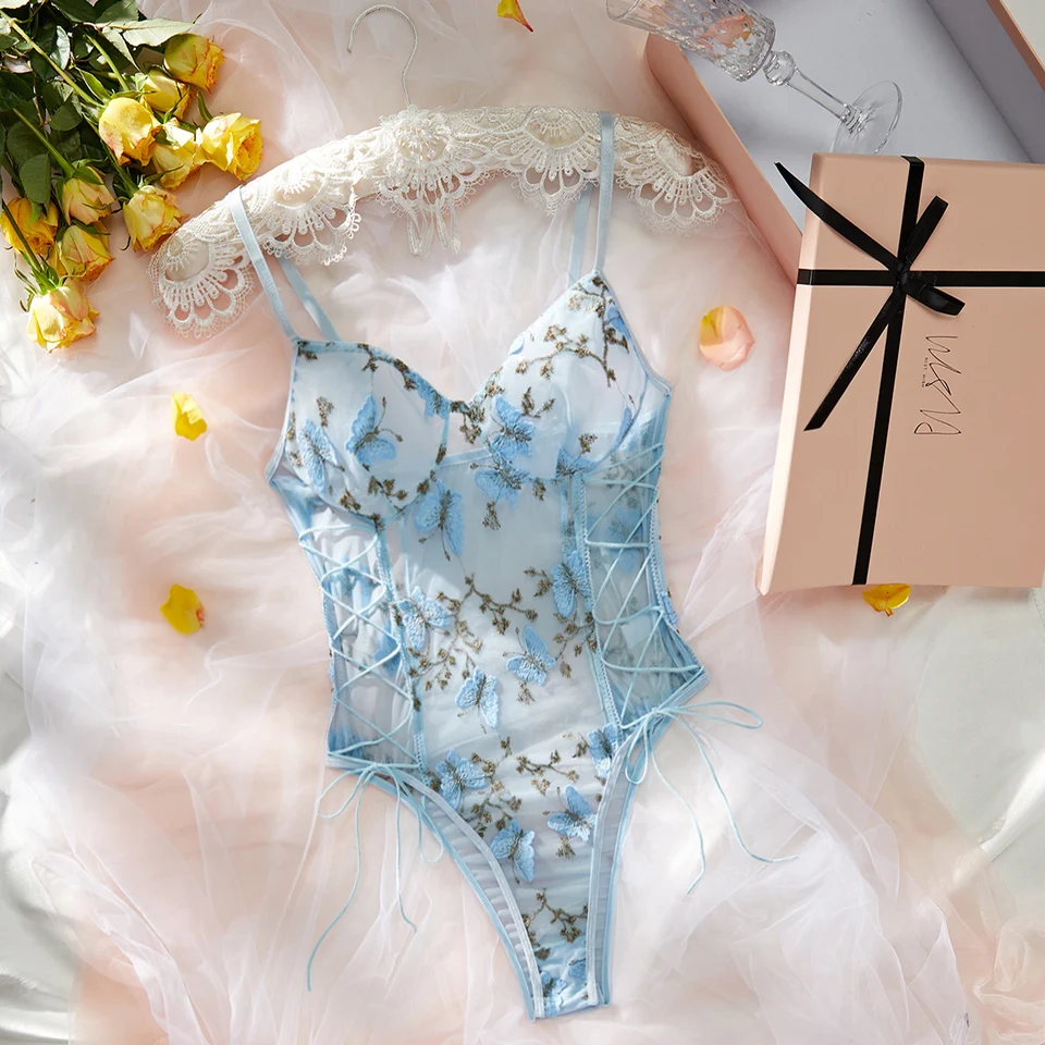 Horúce motýľové vyšívanie sieťoviny, Lace Up V krk bez spätného thongbodysuitu, ženské sexy spodné prádlo a spodná bielizeň