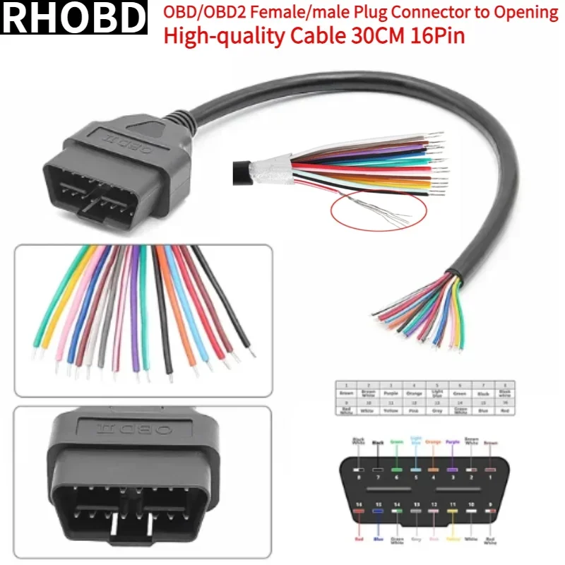 Horúce najnovšie OBD2 16pin Ženské/samecové konektory zástrčky na otvorenie kábla OBDII 30 cm