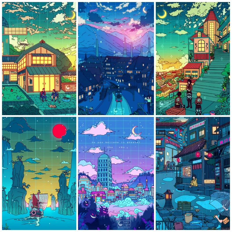 Horúce plagáty seerlight anime plagát mesto nočné anime maľba maľba jednoduché moderné umenie Plagát obývacia izba domov dekorácie Obrázok Obrázok