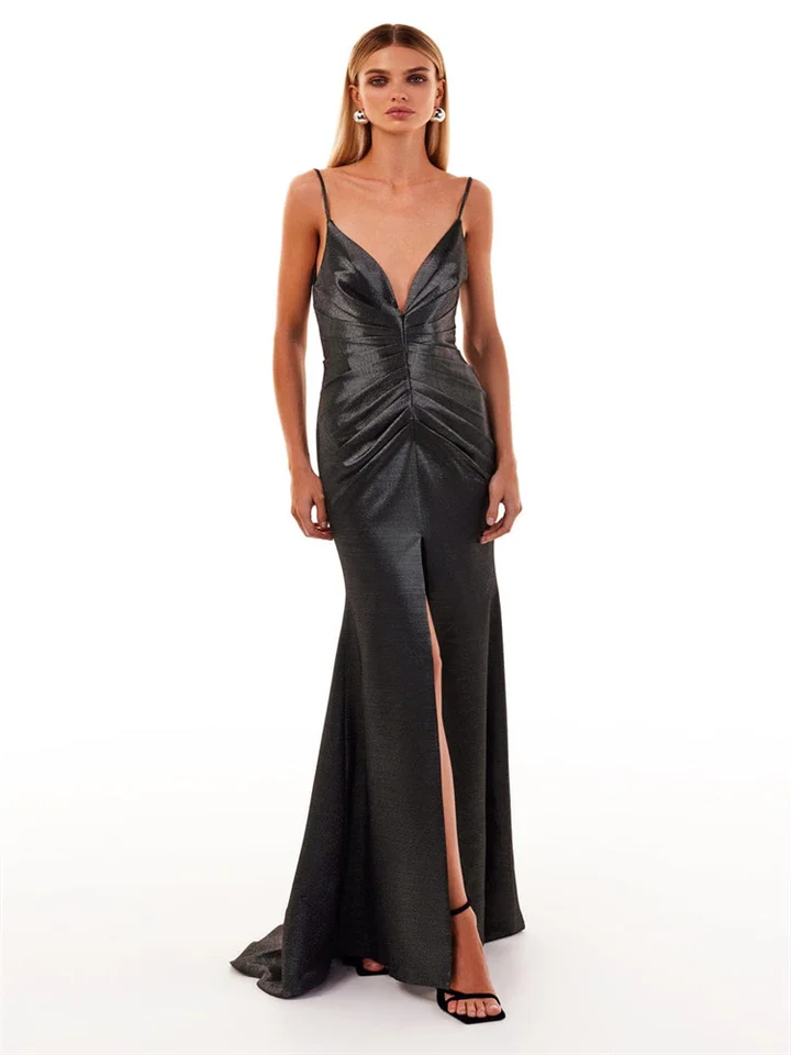 Horúce predaja hlbokého krku so špagetovými remienkami Satin Satin Morská panna večer Elegantné otvorené zadné šaty na dĺžku dĺžky žien pre ženy