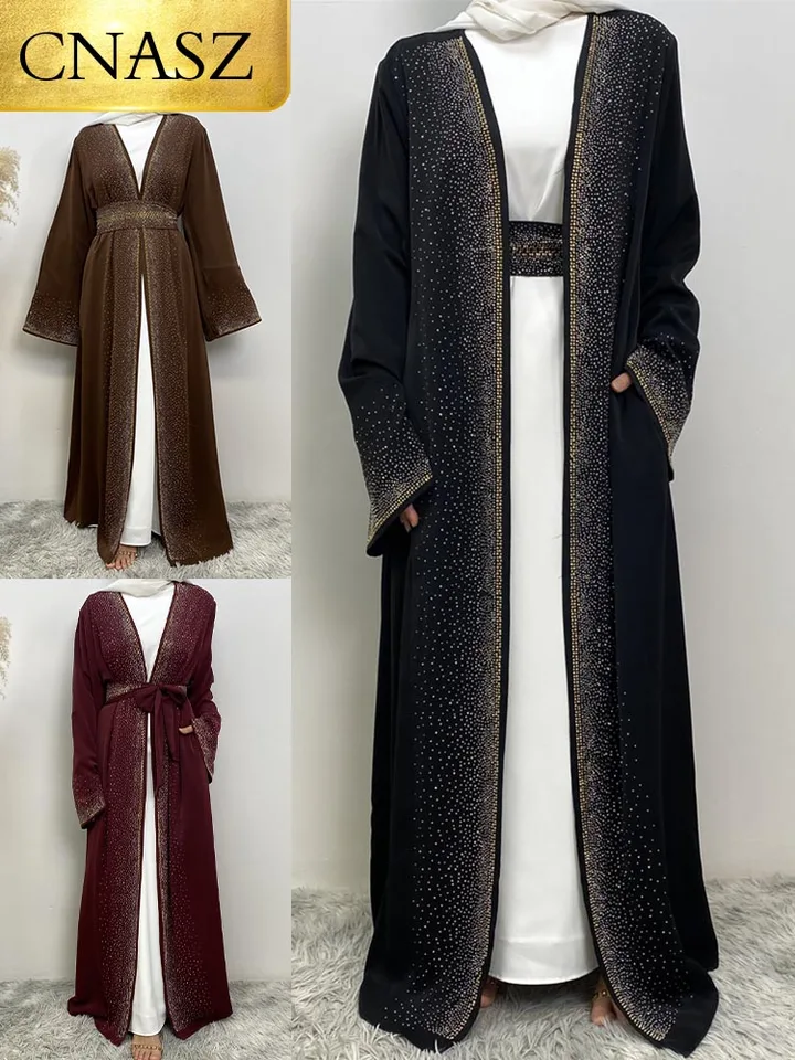 Horúce predaja Ramadan Smbinestone Cardigan Islamské šaty s vreckami kebaya moslim kimono abaya dubaj skromné ​​oblečenie žien červené