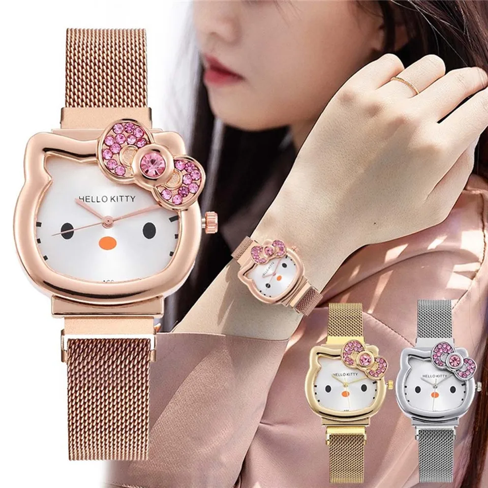 Horúce predaja Sanrio Steel Band Watch Simple Cartoon Hello Kitty Cat Watch Dámska voľný čas Kitty Watch Cute Detský Quartz watc