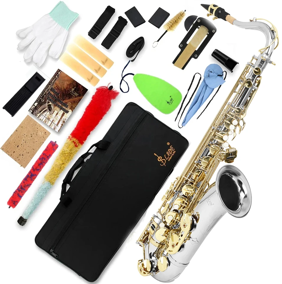 Horúce predaja strieborného zlata saxofón bb tenor saxofón mosadzný hudobný nástroj Professional s čistiacou súpravou na vyživenie kefy