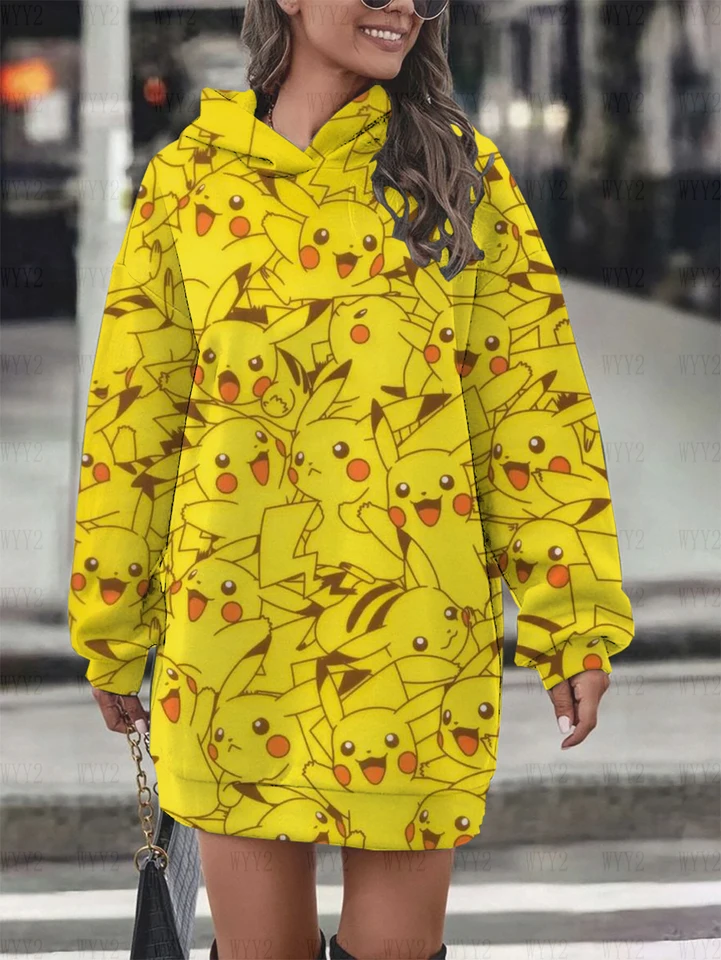Horúce predajné módne retro sveter šaty jesenné a zimné Pikachu Pattert Tlač Dámske pohodlné príležitostné večierky s kapucňou s kapucňou
