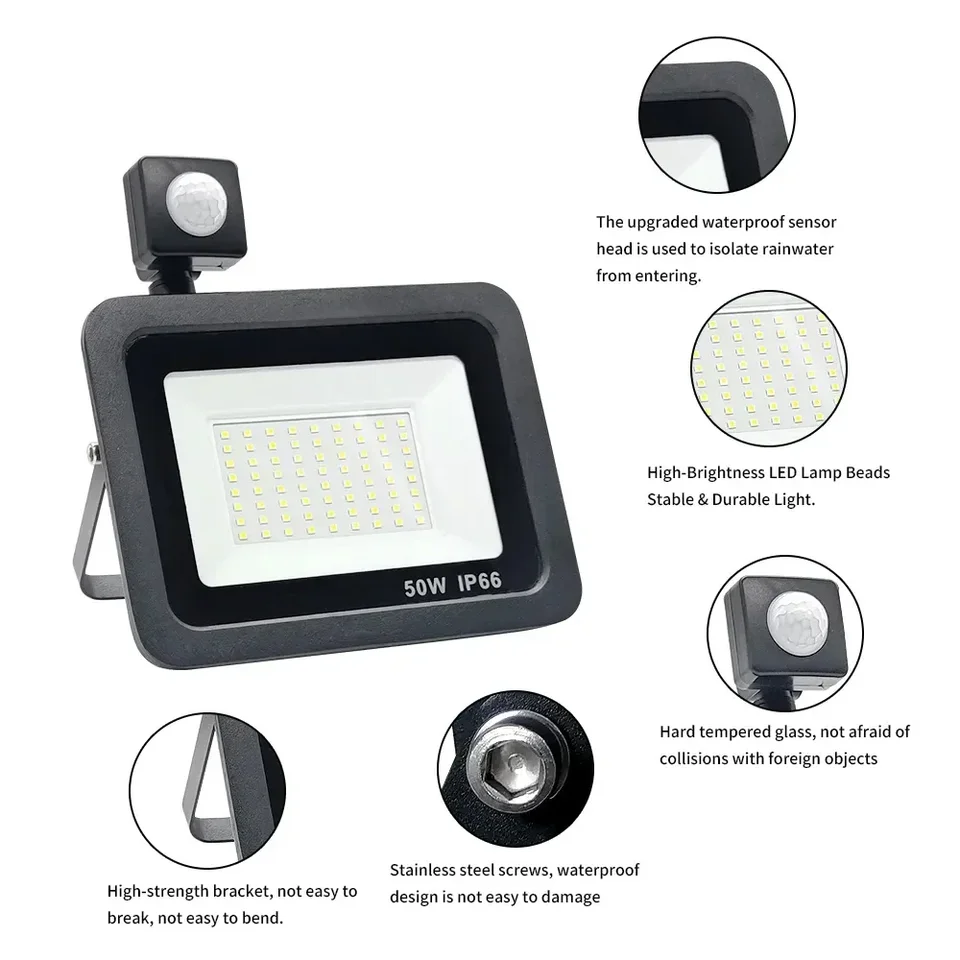 Horúce predávané 10 W 20W 30W 50W 100W Indukčné povodňové LED povodňové svetlo s nastaviteľným senzorom Sensor Sensor Lightlight Street Square Outdoor Lighting