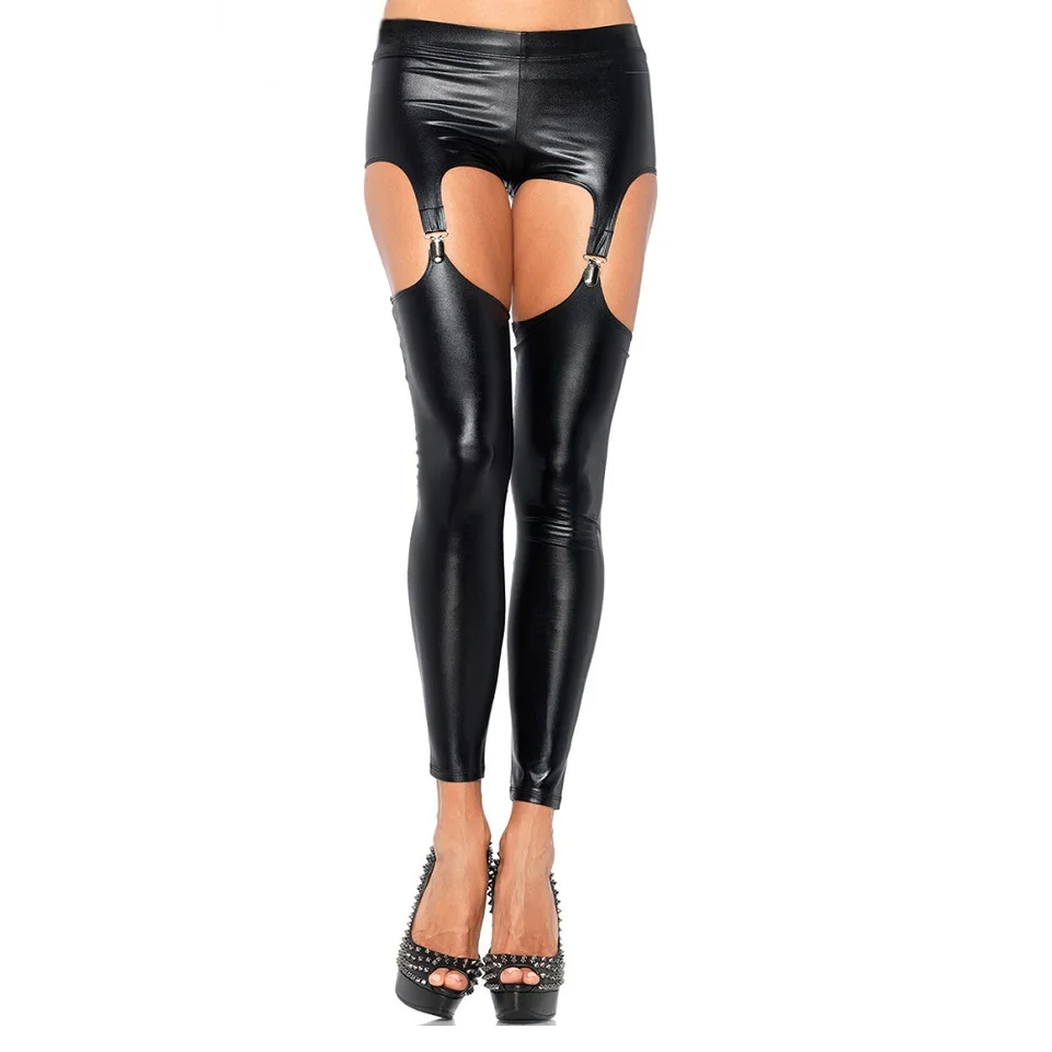 Horúce sexy faux kožené legíny klipový podväzok opasok Ženy obývajú nohavice sexy spodné prádlo Exotické oblečenie klub Wear fx18