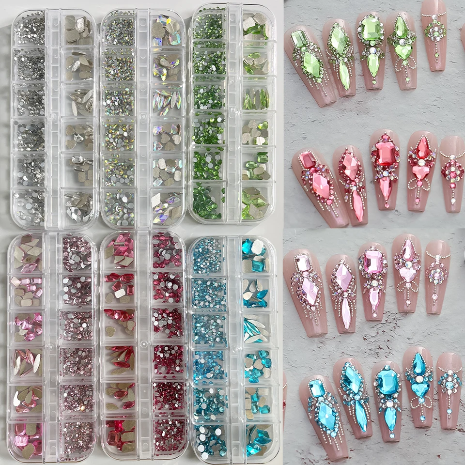 Horúci predaj 12 mriežok nechtových dlažých kamienok šperky sada Multi-Shapes Farebné ploché klince Charms Diamonds 3D klince príslušenstvo