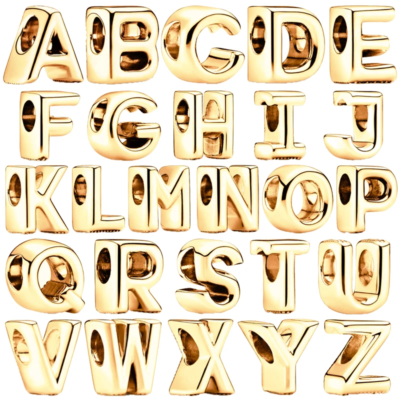 Horúci predaj AZ 26 Gold Lucky Letters Combinácia kúzlo korálky Fit Original European 925 Sterling Silver náramok DIY Dámske šperky