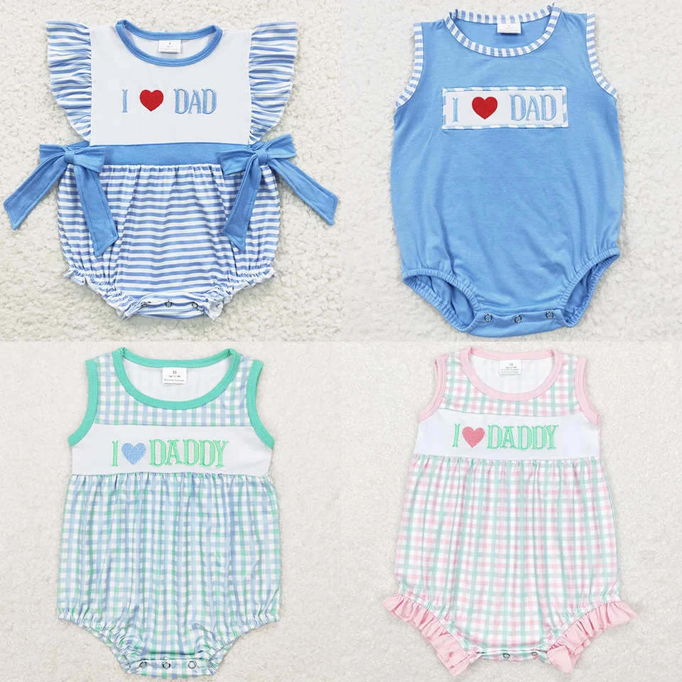 Horúci predaj detské deti Bubble Romper výšivka Milujem otec, batoľatá, dievčatká Rompers letné súrodenecké dievčatá chlapci chlapci Rompers onesie sety