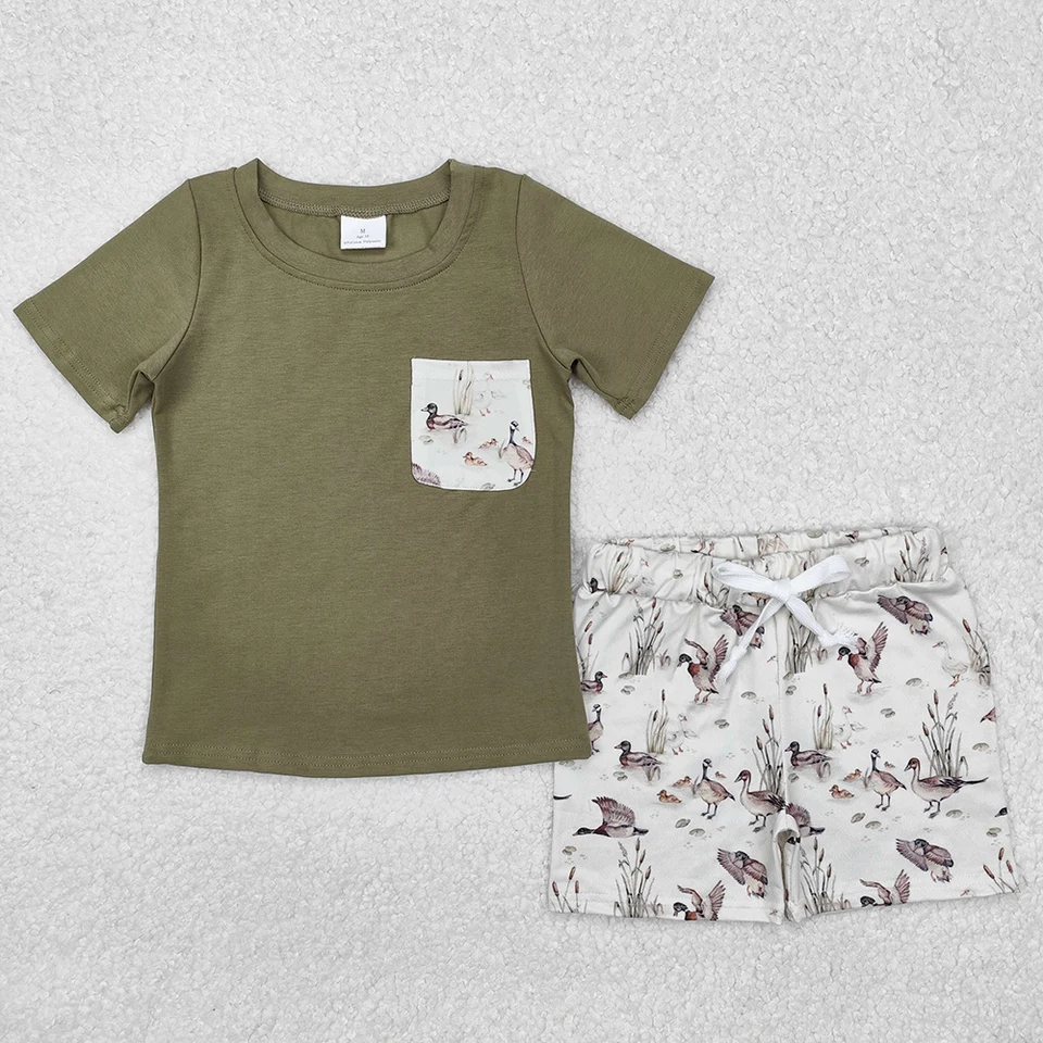 Horúci predaj detské dizajnérske oblečenie Chlapci Hunting krátke rukávy Top kačice Mallard Thorts Sets Boutique Boys oblečenie