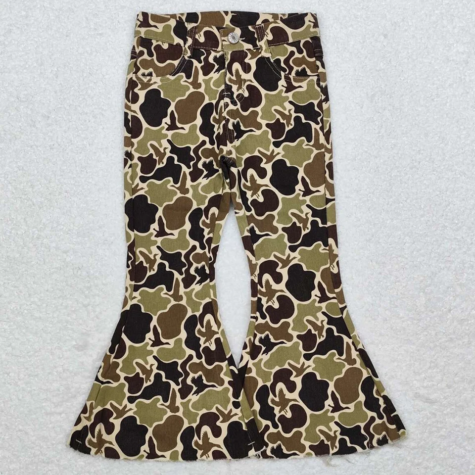 Horúci predaj detské dizajnérske oblečenie Dievčatá Camo Duck Fall Bell Flare Džínsové nohavice Boutique Dievčatá Jeans Bell Bottom Pants Veľkoobchod
