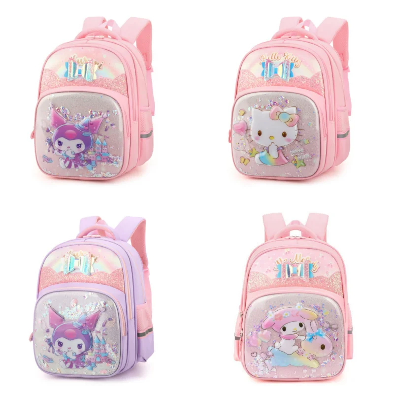 Horúci predaj Sanrio Rameno Školská taška Žiari Girl Greast 1-4 Dieťa Cinnamoroll Hello Kitty Melody Kuromi Cartoon Bag Girls Darček