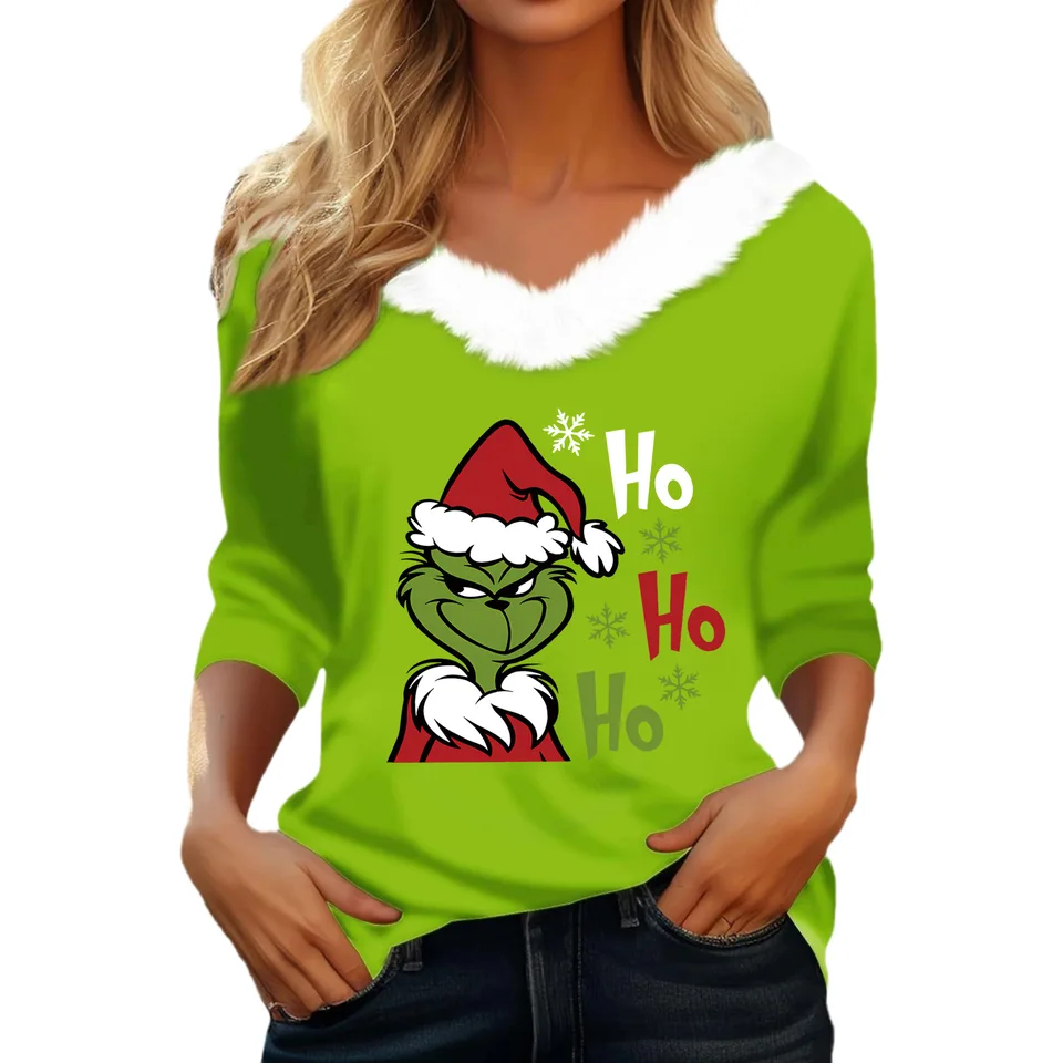 Horúci predaj vianočné dekorácie Dámske tričko Tee vianočné tričko Tri štvrtiny rukávy Party vianočné fleece golier v krku top