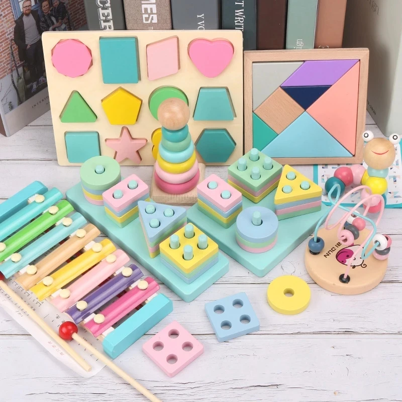 Hot Kids Montessori drevené hračky macaronové bloky učenia sa hračky detská hudba hrkálky grafické farebné drevené bloky Vzdelávacie hračky