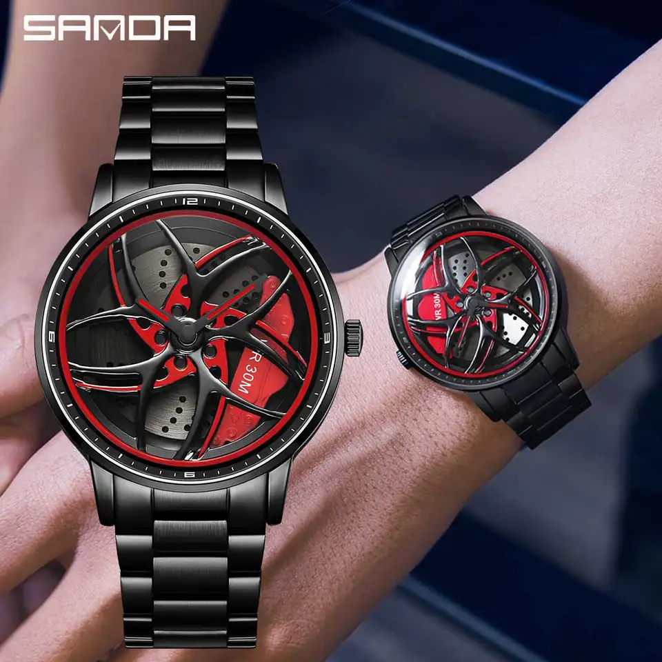 Hot Sell Mens Watch Sports 360 Rotujúce autá koleso vytáčanie hodiniek Men Vodotesná z nehrdzavejúcej ocele Men Quartz náramky reklamy relogio