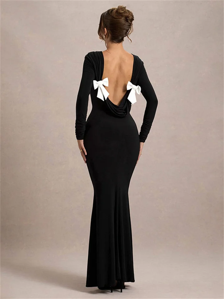 Hotel Black Tee Bow Backless dlhé šaty Dámsky módny módny pás Luxusný elegantný párty šaty Žena Jeseň maxi šaty 2024