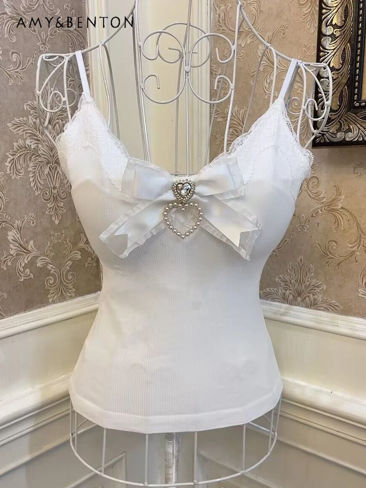 Hotsweet Girl Fairycore Cute Bow Pearl Srdce Diamond Short Sling Dámske čipky V-krk štíhle Fit Sexy biele tanky s vrcholmi hrudnej podložky