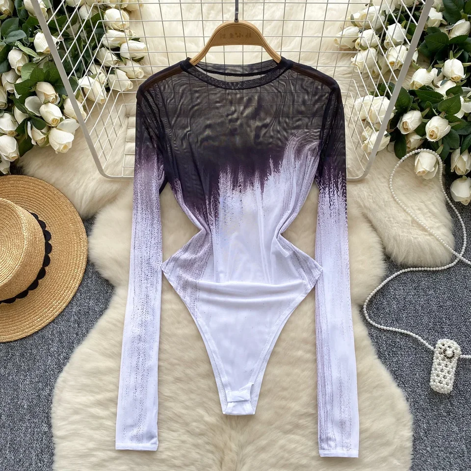 Hotsweet O-krk elegantné dlhé rukávy elegantné gradientné tlač mriežky BodySuits