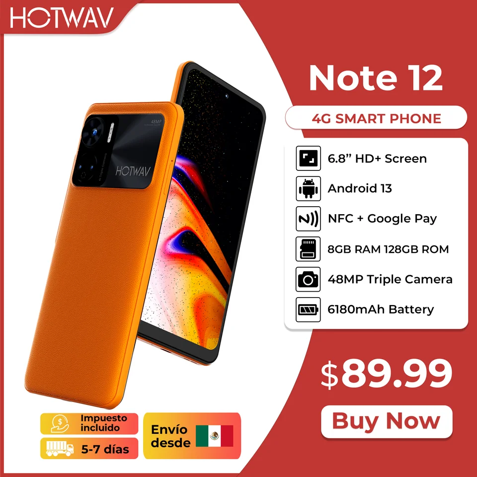HOTWAV POZNÁMKA 12 Smartphone 6.8 '' HD+ Android 13 8 GB+ 128 GB Octa-Core Mobile Mobile 48MP NFC 6180MAH 20W nabíjacieho mobilného telefónu