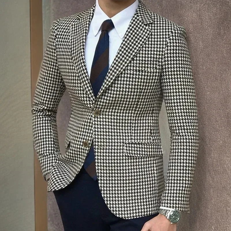 Houndstooth Suits for Men vopred klope 2 kusy alebo single Blazer Tweed Suit Tuxedo súpravy pre svadobné obchodné pánske obleky