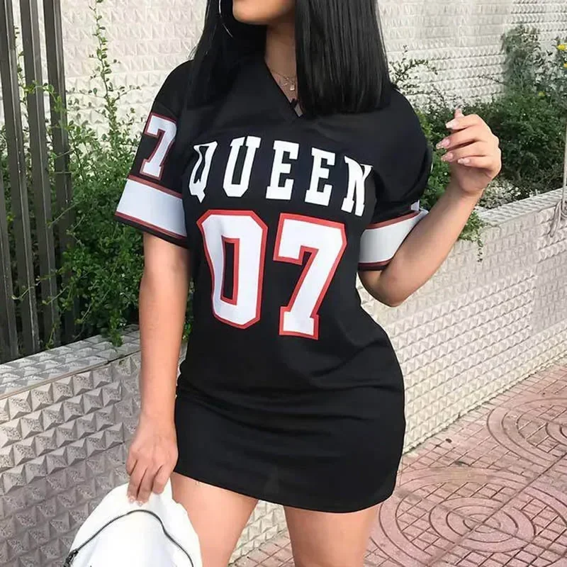 Houzhou dámske šaty basketbal športový štýl Príležitostné sexy krk voľný hip hop 07 písmeno tlačené krátke rukávy tričko šaty