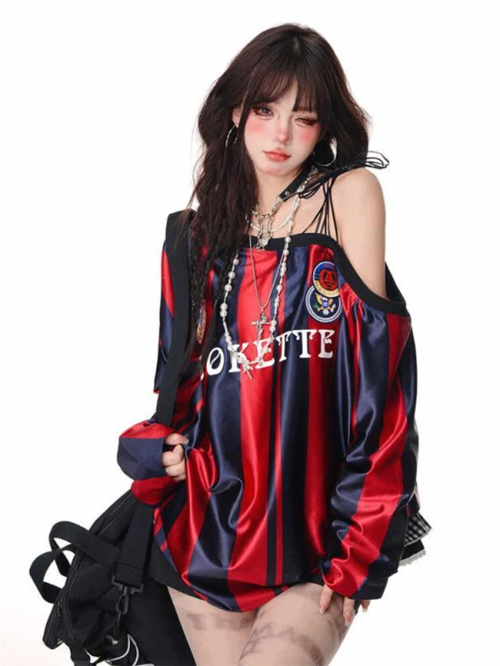 Houzhou vintage y2k pruhované dámske tričko Tričko sexy z ramena Sports TEE Blokecore s dlhým rukávom Red Top top Harajuku estetika