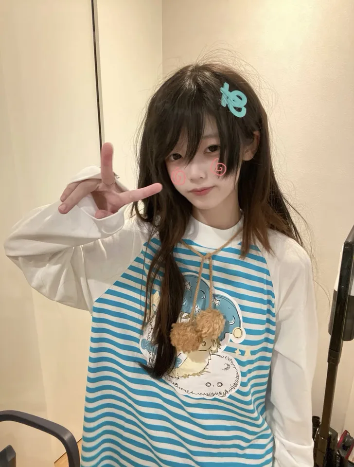 Houzhou y2k harajuku kawaii mikina Ženy japonská módna patchwork karikatúra tlač pruhovaná voľná mikina mäkká dievčina Jeseň 2023